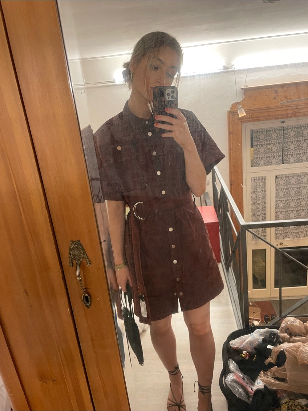 Proenza Schouler Short-Sleeve Button Front Mini Dress in Deep Burgundy